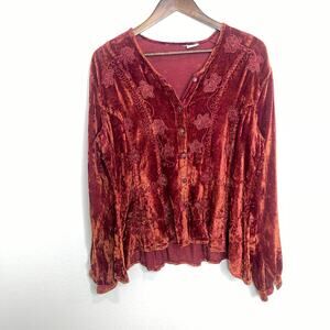 Vintage Boho Rust Velvet Embroidered Blouse Free Size Button Front India